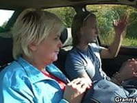 Hitchhiking blonde granny picked up and doggy-fucked roadsid