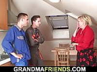 Very old busty granny pleases two men