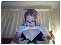 Teen Blonde with Glasses bates and strips on Skype 