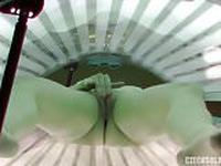 Blonde Hottie Secretely Masturbating in Public Solarium