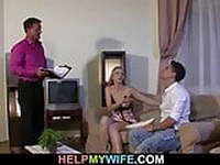 Old husband watching he pleasing his young blonde wife