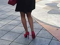 Milf red high heels legs stockings candid upskirt mature