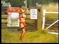 80s red lingerie silly outdoor dance -- big boobs and bush